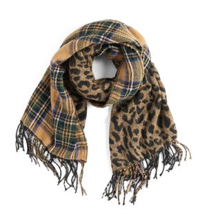 Coco + Carmen About Face Reversible Oblong Scarf - Tan Blue Plaid and  Taupe Leopard