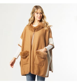 Coco + Carmen Adrienne Oversized Poncho with Faux Fur Collar - Camel - One Size