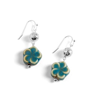 Whispers Porcelain Flower Dangle Earrings - Silver/Blue - Blue