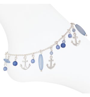 Anklet-Silver Anchors w Blue Beads