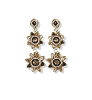 black gold in brass double dangle flower frame post earring 2.5"