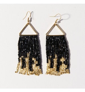 black gold iridescent fringe on triangle hanger earring 3.5"