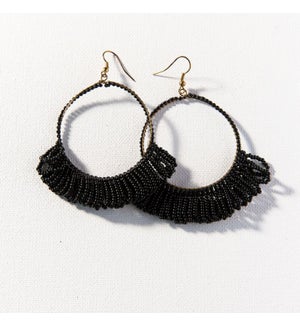 black fringe hoop seed bead earrings 3.5"