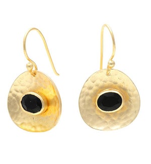 18K Gold Plated Wide Drop Earrings With Black Onyx Gemstones