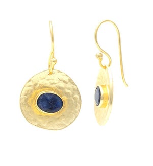 18K Gold Plated Wide Drop Earrings With Blue Sapphire Gemstones