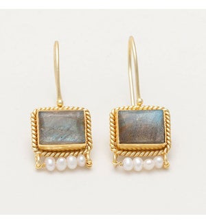 18K Gold Plated Drop Earrings With Square Labradorite Center And Pearl Accent Beads