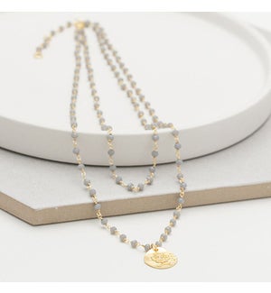 18 Inch 18K Gold Plated Double Layered Circle Pendant Necklace With Grey Chalcedony Beads