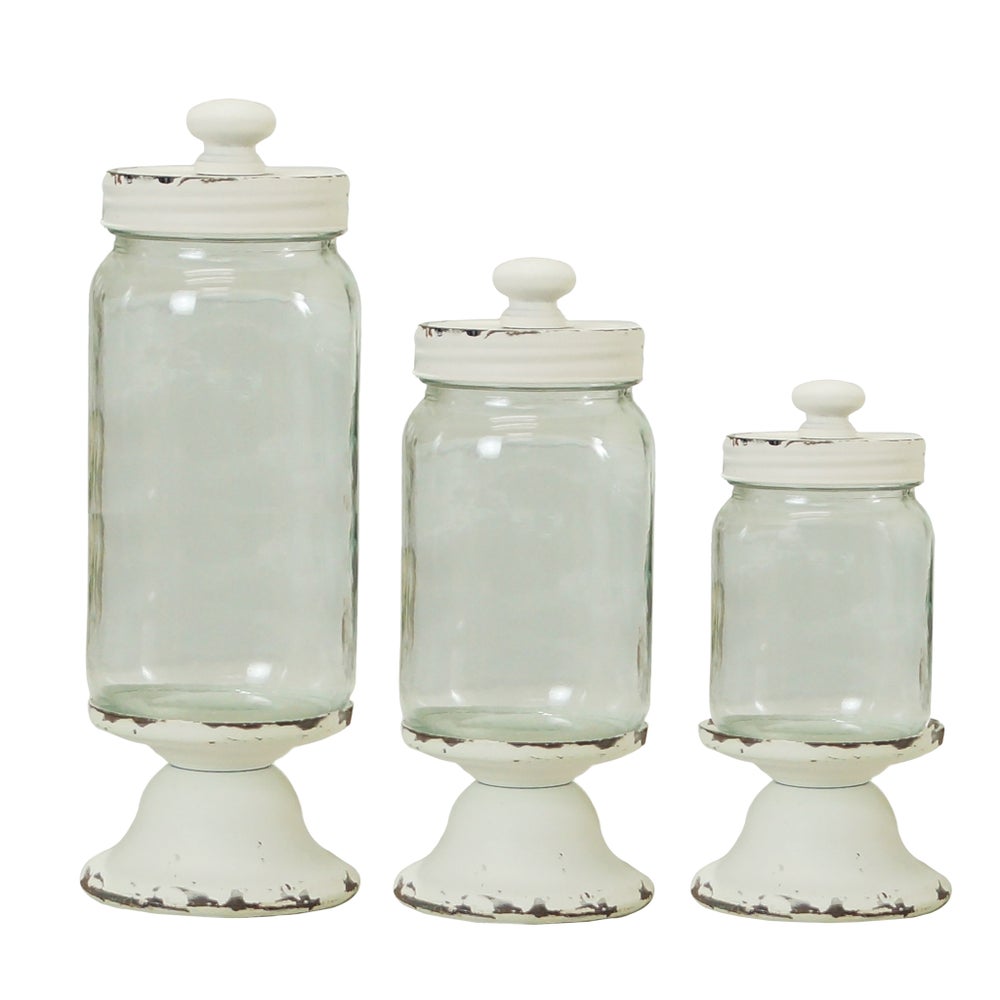 Set of 3 Decorative Glass Canisters With Silver Scroll Lids