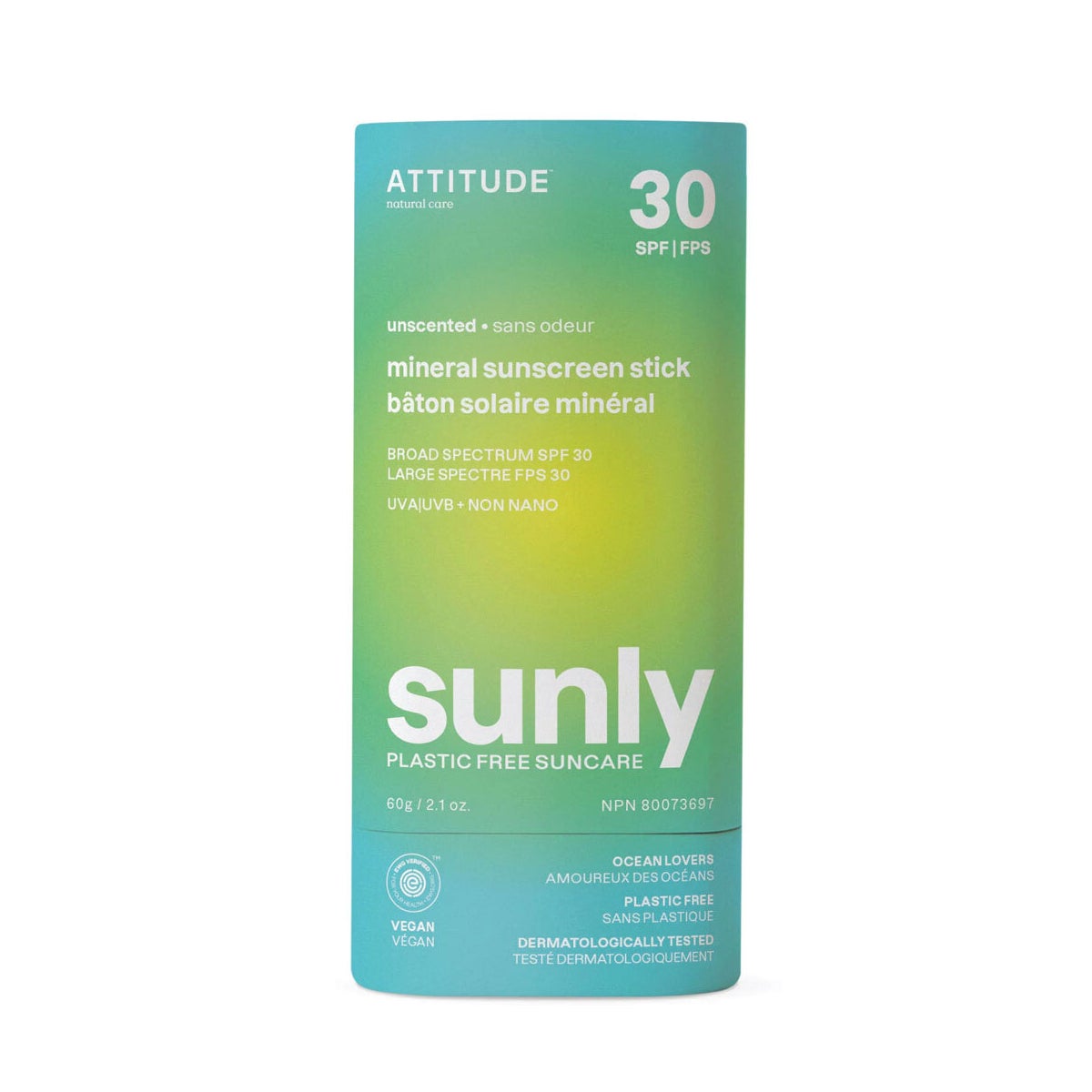 ATTITUDE 20g Sunly Sunscreen Stick Unscented 30 SPF (CR8)