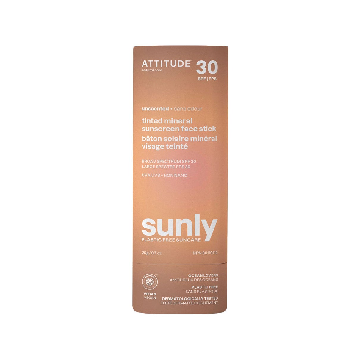 ATTITUDE 20g Sunly Suncreen Stick Tinted Unscented 30 SPF (CR8)