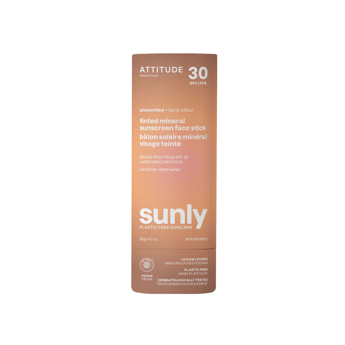 ATTITUDE 20g Sunly Suncreen Stick Tinted Unscented 30 SPF (CR8)