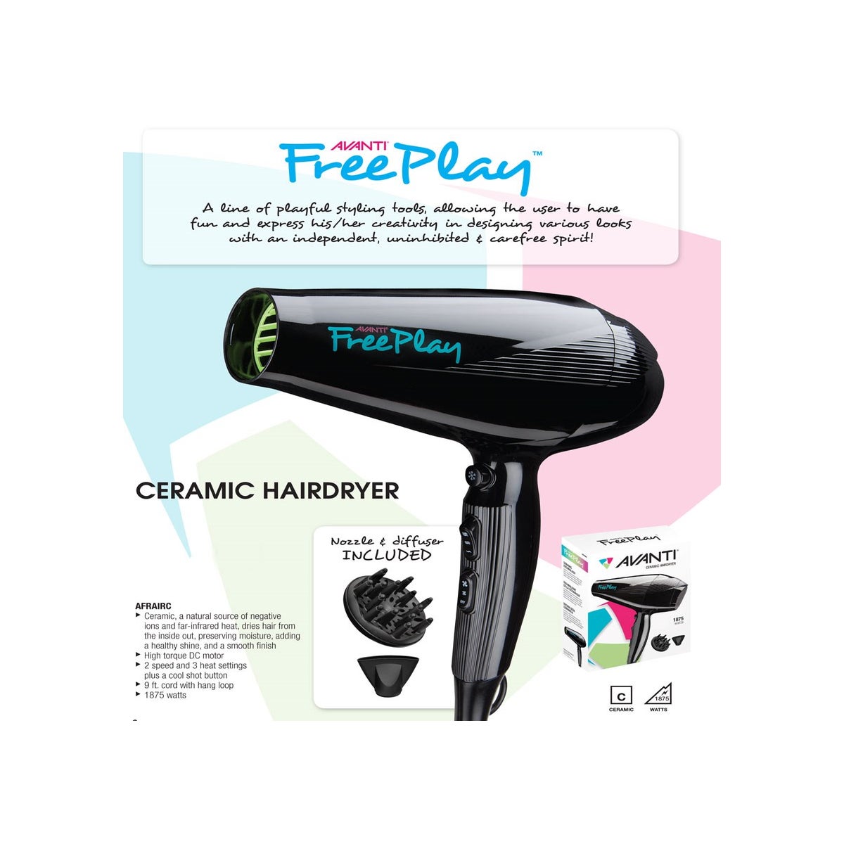 Avanti - Free Play Ceramic Hairdryer with Diffuser