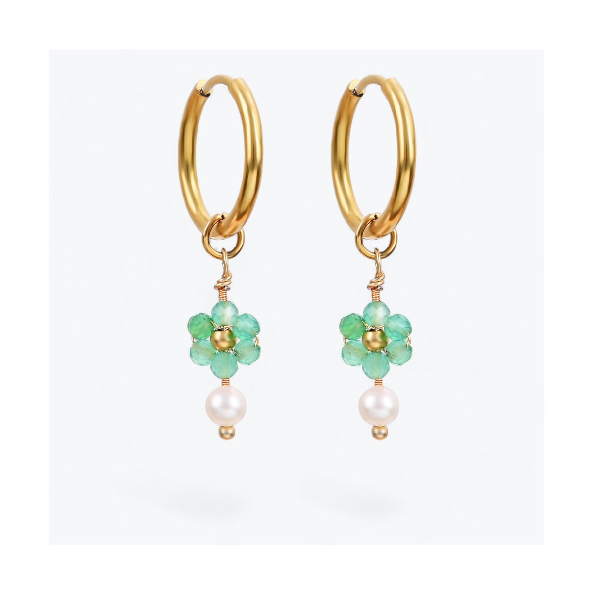 Green Blossom Pearl Hoop Earrings