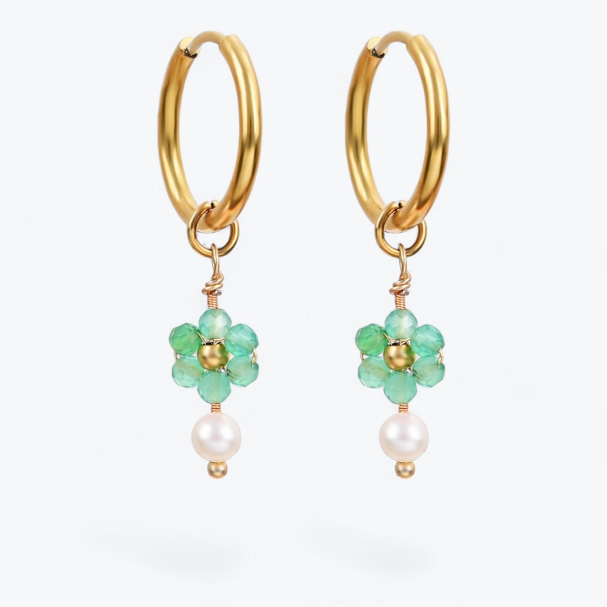 Green Blossom Pearl Hoop Earrings