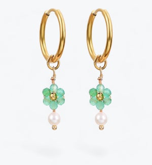 Green Blossom Pearl Hoop Earrings