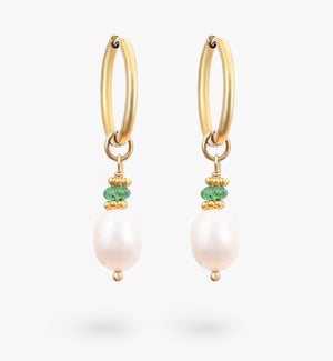 Golden Grace Pearl and Green Agate Hoop Earrings
