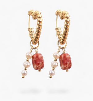 Heart Pearl and Agate Charm Hoop Earrings