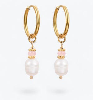 Golden Grace Pearl and Rose Agate Hoop Earrings