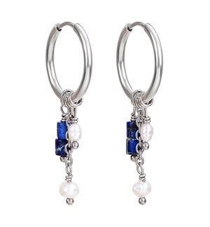 Silver Lapis Drop Hoop Earrings