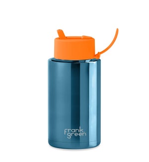 34oz Reusable Bottle - Flip Straw Lid Chrome Blue / Neon Orange