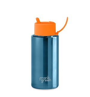 34oz Reusable Bottle - Flip Straw Lid Chrome Blue / Neon Orange