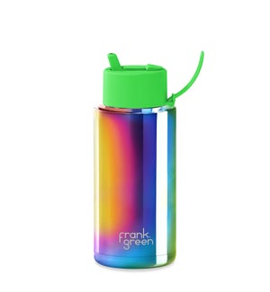 34oz Reusable Bottle - Flip Straw Lid Chrome Rainbow / Neon Green