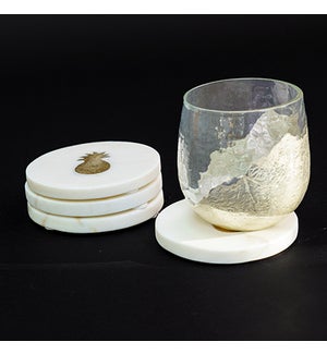 Marble With Gold Papple Coaster, Set of 4, 4x4 in