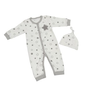 Gray Stars Playsuit with Cap, 6M