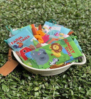 Animal Tails Cloth Books Prepack -24 pcs, 6ea of 4 designs with Display Basket