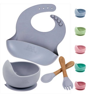 Silicone 4-pc Feeding Set Assortment - 6 sets, 1ea of 6 assorted colours - Dishwasher and microwave