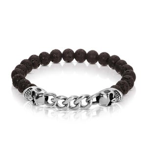 Bracelet - S. Steel Skull and Chain w/ Lava Stone