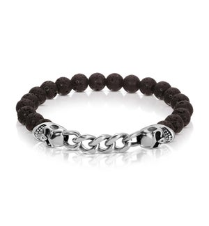 Bracelet - S. Steel Skull and Chain w/ Lava Stone