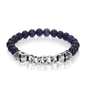 Bracelet - S. Steel Skull and Chain w/ Blue Lapis