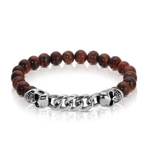 Bracelet - S. Steel Skull and Chain w/ Red Tiger Eye