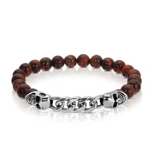 Bracelet - S. Steel Skull and Chain w/ Red Tiger Eye