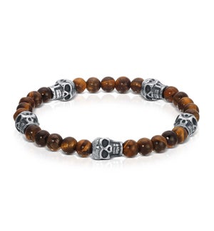 Bracelet - S. Steel Skulls and Tiger Eye Gemstone