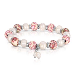 Pearl and Pink Paisley - Clay Beaded Bracelet