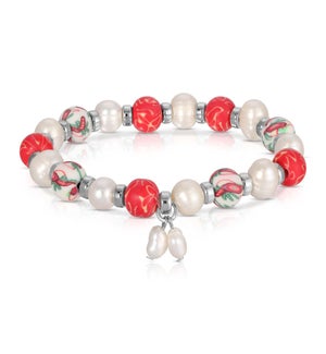 Pearl and Red leaf - Clay Beaded Bracelet silver