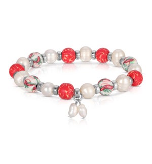 Pearl and Red leaf - Clay Beaded Bracelet silver