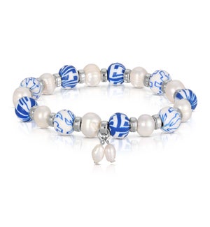 Pearl and Navy Pinstripe - Clay Beaded Bracelet silv