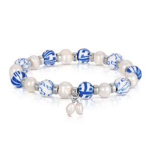 Pearl and Navy Pinstripe - Clay Beaded Bracelet silv