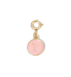 Charm - (T) Pink Enamel Initial (gold)