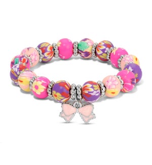 Kids Clay Bracelet -Pink and Purple Floral w/ pink b