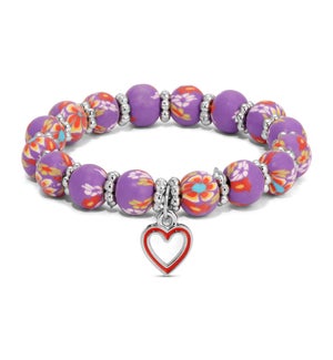 Kids Clay Bracelet-Purple Floral w/ red heart char
