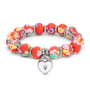 Kids Clay Bracelet-Red Floral w/ white heart lock