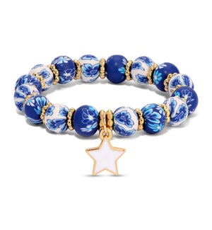 Kids Clay Bracelet-Navy and White Floral w/ white st