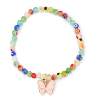 Millefiori Glass Bead bracelet w/ Butterfly Charm