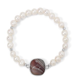 Pearl w/Faceted Onyx Agate Bracelet / silver