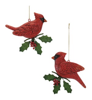 Cardinal with Holly Leaf Ornament (2 Asst)