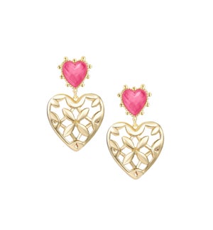 Adorned Heart Statement Earrings - Pink Enamel and Gold